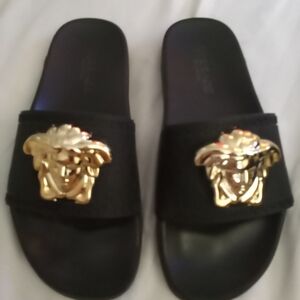 Black Slides with Gold Medusa Emblem